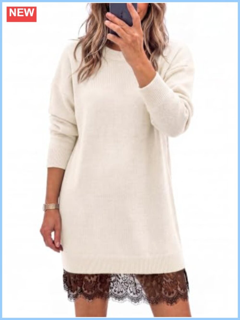 Womens Long Sleeve Lace Hem Knit Sweater Mini Dress Crew Neck Casual